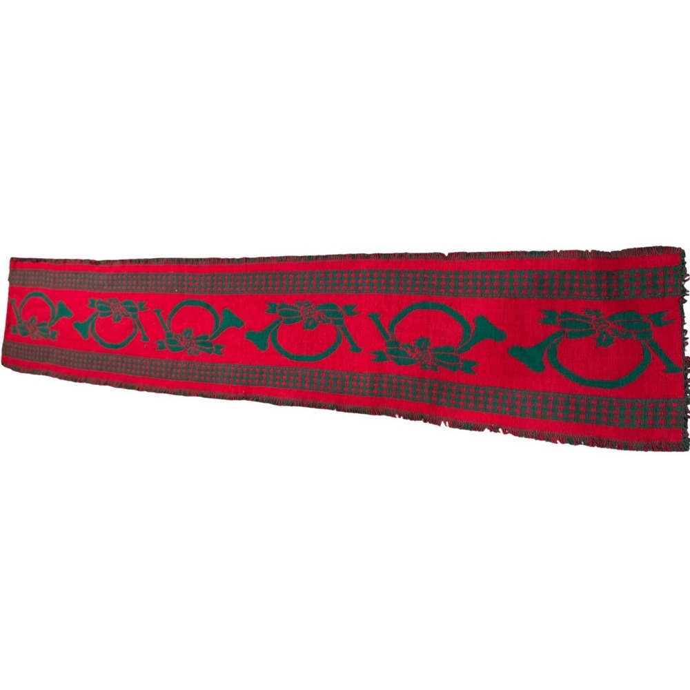 Vintage Red Green Reversible Woven Christmas Table Runner French Horn Holly 68in